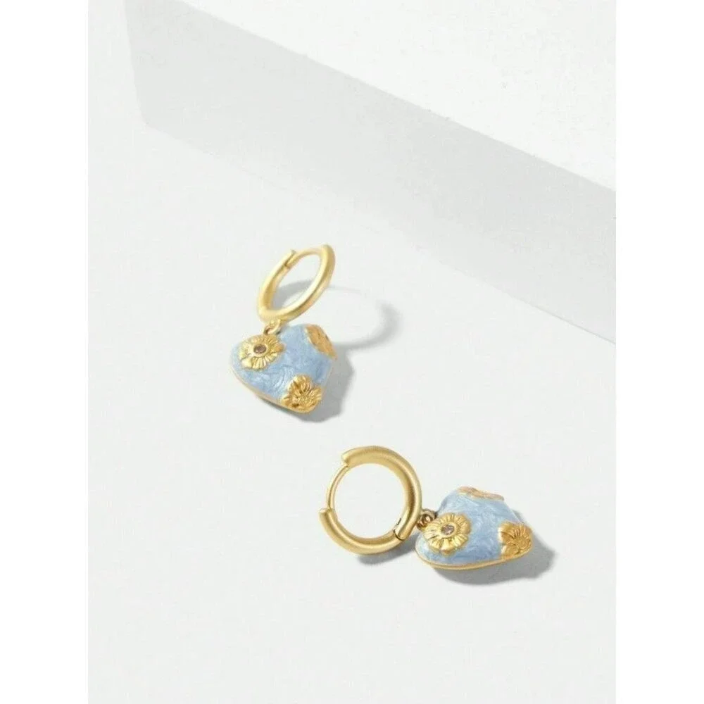 Gold-Plated Heart Hoop Earrings With Blue Enamel & Floral Detailing - Picture 5 of 6